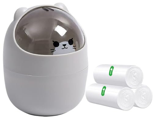 Mini Trash Can, Creative Tiny Countertop Garbage Bin with 5 Rolls of Bin Liners, Cute Desktop Wastebasket with Flip Lid, Cartoon Plastic Storage Bin for Bedroom, Bathroom, Kitchen, Office (Gray)