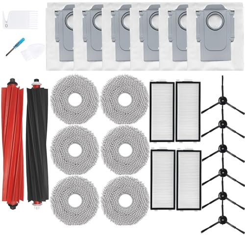 LOVECO 25 Stück Zubehörset Kompatibel für Roborock Qrevo Master/Qrevo Slim Roboterstaubsauger, 2 Hauptbürsten, 4 HEPA Filter, 6 Wischtücher, 6 Staubbeutel, 6 Seitenbürsten, 1 Reinigungsbürste