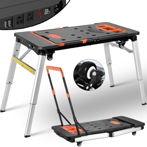 LIFERUN 7 in 1 Banco da Lavoro Pieghevole con Spina Integrata,Tavolo da Lavoro Pieghevole Regolabile in Altezza,Carrello a Mano da Trasporto con 4 Ruote,Piattaforma di Lavoro per Lavoro fai da te