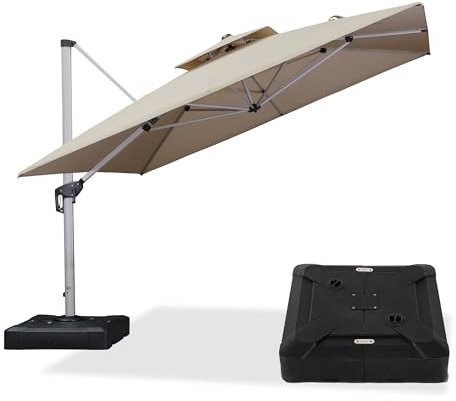 PURPLE LEAF Sonnenschirm 330 × 330 cm mit Ständer, Gestell Aluminium, Beige | Ampelschirm mit Ständer, Doppeldach-Belüftung, Rostschutz-Rahmen, 360° Drehbar Flexibel, 6-fach Verstellbar, UV 50+ Polyester