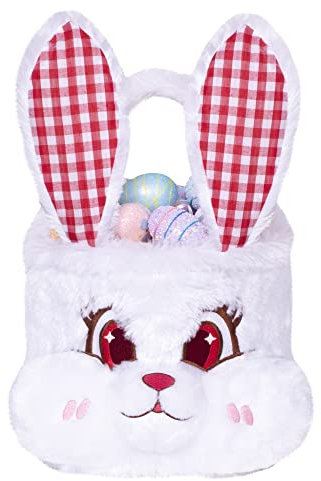 Beyond Your Thoughts Bunny Easter Basket for Kids, 3D Cute Plush Empty Bucket with Foldable Ears and Handle Egg Hunt Tote Candy Bag Basket for Boy Girl Teens Gift, Easter Basket Decor White