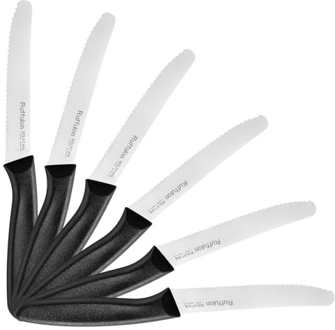 Ruffulon Set di 6 coltelli da pomodoro, coltello da tavola classico, coltelli da cucina, coltello da pane affilato, coltello tascabile seghettato, impugnatura ergonomica, nero.