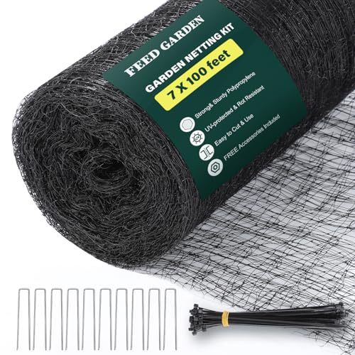 FEED GARDEN Deer Fence Netting Garden Netting Bird Netting - 7x100ft UV-Protected Garden Fence for Plant with 3/4 Fine Mesh - Includes 10 Stakes & 50 Zip Ties for Easy Installation