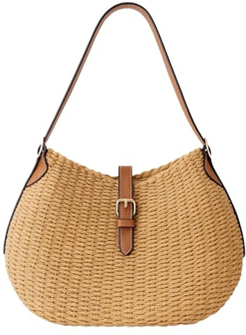 YXILEE Handmade Straw Shoulder Bag for Women,Summer Beach Bag,Adjustable Strap (Brown)