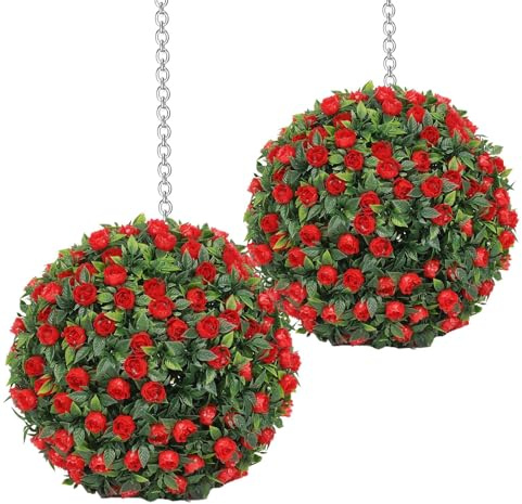 Generico Palle di Bosso Artificiale,Piante Sfere Bosso Finto - 2 Decorazioni Appendiabili UV Resistenti Per Giardino Terrazza Portico Esterno