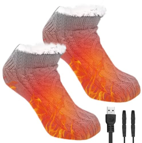Lomffy USB Beheizte Socken für Männer Frauen, Elektrische Beheizbare Socken Dicke Plüsch Hausschuhsocken rutschfeste Fußwärmer Vollsohle Heizbar Thermosocken Fußheizung Stricksocken Winter Geschenke