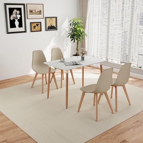 BenyLed Mesa de Comedor Rectangular de 110 cm con 4 sillas, Mesa de Cocina y Sillas Escandinavas para 4 Personas, Ideal para Comedor, Cocina y Apartamento. (Caqui + Blanco)