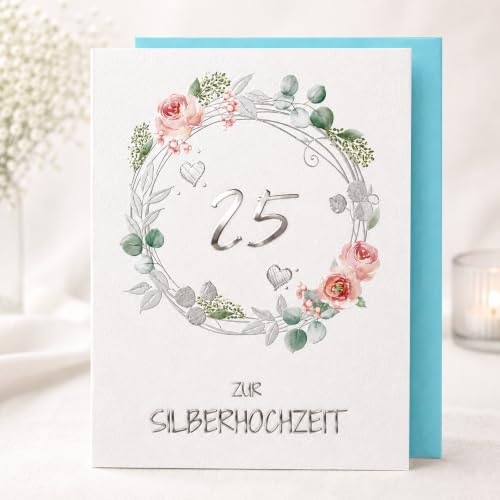 Michel Verlag Stilvolle Glückwunschkarte Zur SILBERHOCHZEIT, edle Folienprägung, Klappkarte Silberne Hochzeit, Jubiläumskarte 25. Hochzeitstag, Glückwunsch Ehejubiläum, inkl. Umschlag. 12x17cm
