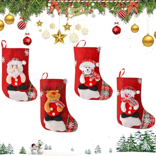 Chaussettes de Noël,Lot de 4 Sac Cadeau Bas de Noël Père Noël,Bonhomme de Neige,Renne,Ours,Chaussettes de Noël à Suspendre, Décoration de Noël pour Cheminée,Cadeaux Chaussettes de Noël à Remplir