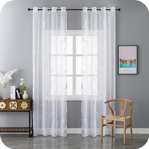 GIRASOLE HOME Coppia Tende Favignana Filtranti Fantasia Argentata Effetto Marmo 2 Pannelli da 140x260cm con Occhielli, Bianco