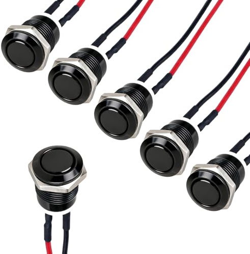 6 Piezas 12 MM Pulsador Precableados, 12 V 2 A Interruptor de Botón Momentáneo, Interruptor de Botón Metálico Impermeable IP65 para Coches y Barcos, Pulsador Cabeza Plana