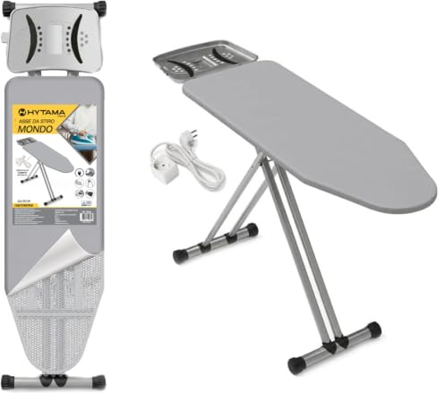 Asse da Stiro con Presa Integrata 125x43 cm HYTAMA TOOLS MONDO - Acciaio, Altezza Regolabile 69-98 cm, Poggiaferro, Piedini Antiscivolo, Pieghevole