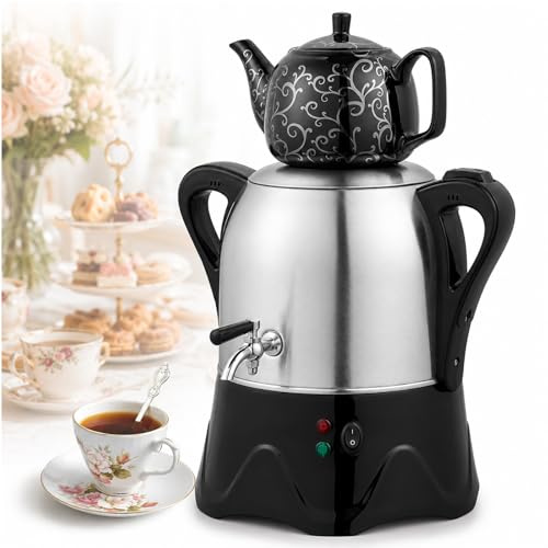 Vhewq Turkisk elektrisk tekokare, turkisk elektrisk samovar med funktion för att hålla värmen, 3 liter rostfritt stål tekanna och 1 liter keramisk tekanna för kaffe, smaksatt och turkiskt te