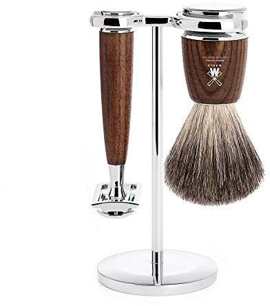 MÜHLE Rytmo Rasierset - Dachshaar-Rasierpinsel, Rasierhobel und Ständer - Griffe aus gedämpfter Esche und Metallakzenten
