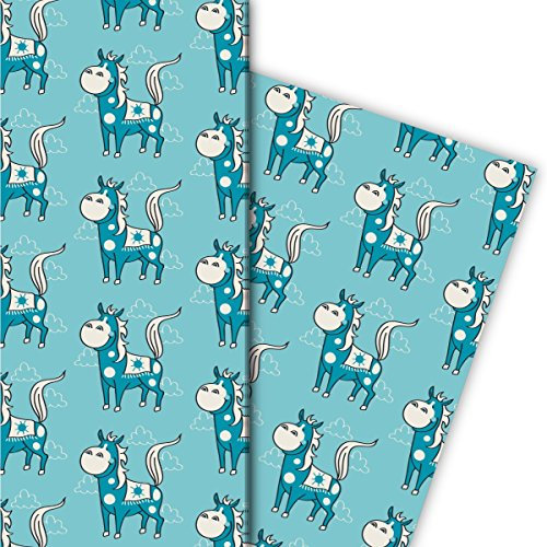 Tolles Western Geschenkpapier Set (4 Bogen), Dekorpapier, Papier zum Einpacken für Kinder mit Indianer Pferd, hellblau, für tolle Geschenk Verpackung und Überraschungen 32 x 48cm