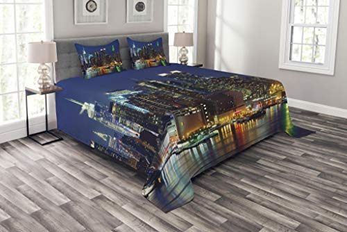 ABAKUHAUS New York Tagesdecke Set, NYC Midtown Skyline, Set mit Kissenbezügen farbfester Digitaldruck, für Doppelbetten 220 x 220 cm,KönigsBlauen