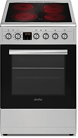 Simfer Standherd 50 cm mit Glaskeramikkochfeld FS 424947 LiterZweikreis & Bräterzone4 Hilight-Zonen Grillfunktion Umluft Teleskopauszug Geschirr wagen Digitaler TimerSeitengitter Gray