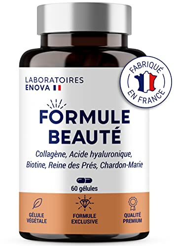 FORMULE BEAUTÉ | Complement Alimentaire Cheveux Peau & Ongles | Collagene Marin, Acide Hyaluronique, Biotine, Zinc, Selenium | 60 Gelules | Fabrique En France