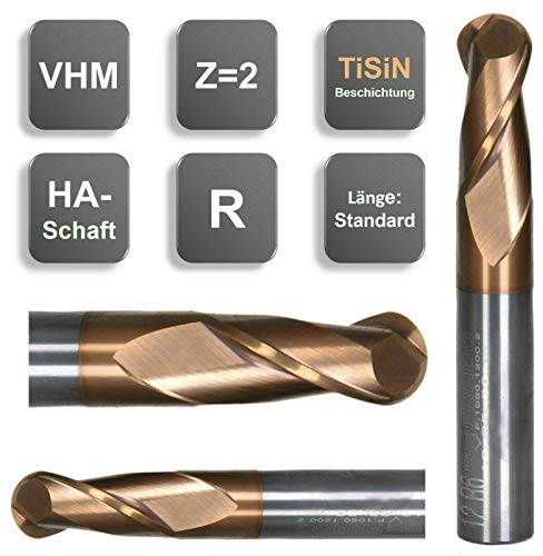 VHM Vollradiusfräser, Radiusfräser Z=2, TiSiN 1/1,5/2/2,5/3/3,5/4/5/6/8/10/12 mm, Größe: 12R6x25x80 - d2=12 mm