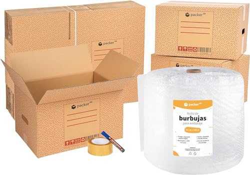 packer PRO Pack Mudanza con 5 Cajas Carton Mudanza 600x400x400mm, 10 Cajas Carton Mudanza 430x300x250mm, Cinta Adhesiva, Rollo de Burbujas para Embalaje, Rotulador Permanente