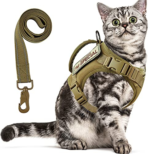 Taktisches Katzengeschirr für Spaziergänge, ausbruchsicher, weiches Netzgewebe, verstellbar, Haustierweste, Geschirr für große Katzen, kleine Hunde und Khaki