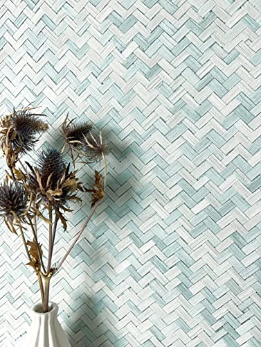 Newroom Vliestapete Blau Rattan Tapete Wohnzimmer Schlafzimmer | Flechtoptik Fischgrät, changierender Glanz, Mintblau Pastellblau, Boho Skandinavisch, Mustertapete, Büro, Flur