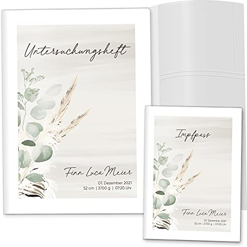 OLGS U-Heft & Impfpasshüllen Set 3-teilig | Dünengräser Design | Erstklassiges Babygeschenk | Schutzhülle für den Untersuchungsheft und Impfpass mit Namen (U-Heft Set personalisiert, Erfrischend)