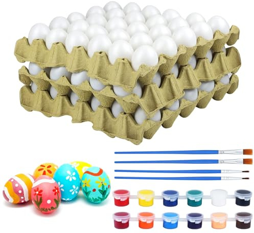 Fovths 90 Pieces White Plastic Eggs Easter Eggs Unpainted Fake Eggs with Paper Tray Brushes and Paints for Crafts Easter Hunts Basket Fillers Easter Gift and Party Favors