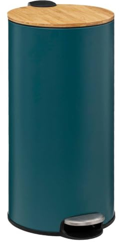 5Five - Poubelle cuisine 30 litres - Pétrole - Modern Color - Couvercle en bambou - Seau amovible et Poignée arrière