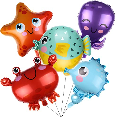 BLMHTWO 5 Pieces Under the Sea Balloons Under the Sea Party Decorations Ocean Foil Balloons Seahorse Starfish Globefish Crab Octopus Fish Balloon Sea Animal Balloon for Birthday Ocean Party Decoration