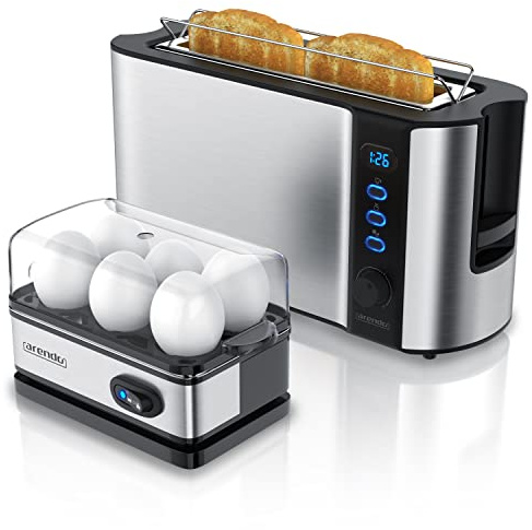 Arendo - SET Toaster FRUKOST mit Eierkocher SIXCOOK Edelstahl Silber, Toaster 2 Scheiben, LED-Display, 6 Bräunungsgrade, Brötchenhalter - Eierkocher 1-6 Eier, Messbecher