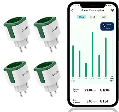 GreenSun WLAN Steckdose - 4PCS Smart Home WiFi Steckdose mit Strommessung, Smart Life APP Fernzugriff, Zeitplan funktioniert mit Alexa, Google Home 16A 2,4 GHz