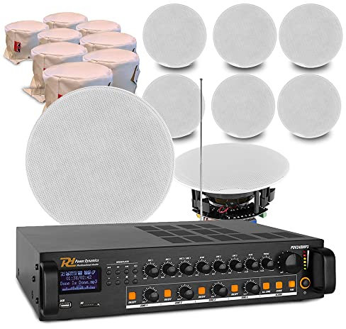 Power Dynamics Commercial Audio System - 4-Zone Ceiling Speaker Kit with PDV240MP3 Amplifier, Bluetooth, 8x FCS5 5.25 Speakers, Fire Hoods & Speaker Cable Ideal for Restaurants & Shops