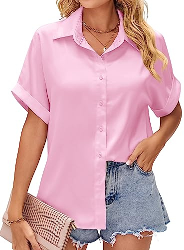 Women Satin Blouse Silk Blouses Short Sleeve Button Down Shirt Casual Shirts Office Work Tops for Ladies UK