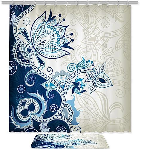 KQNZT Badezimmer-Sets mit Duschvorhang und Teppich, Accessoires, Dekor-Badematte und 12 Haken,Marineblau Vintages ethnisches Paisley mit Blumen