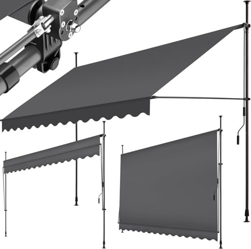 tectake Garden Patio Retractable Awning, Manual with Hand crank, Sun shade Canopy with UV and Rain Resistance, Clamp System with No Drilling Required - black/grey