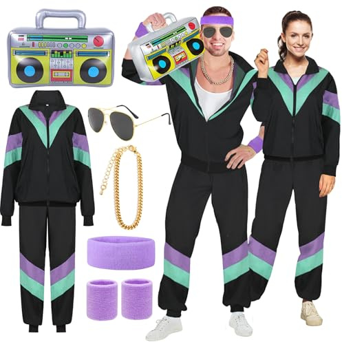 YADODO 90er 80er Jahre Outfit Herren Damen Trainingsanzug Jacke Hose Anzug 80er Accessoire 80er Jahre Kleidung Herren Faschingskostüme 80iger Schlagerparty Bad Taste Outfit Paare Karneval (S)