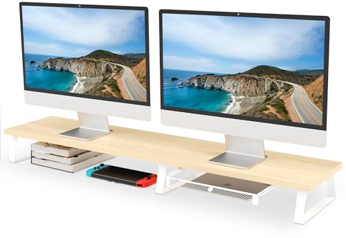 Aothia Großer Schreibtisch-Monitorständer mit Schublade, Dual monitor ständer für schwere Laptops/Computer/TV/PC,Perfekter Regal-Organizer für Büro/Zuhause,Eiche