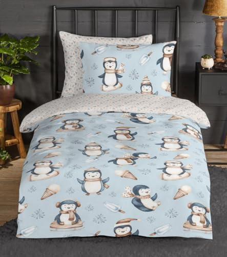 Good Morning Kinder-Wende-Bettwäsche Biber Jani Pinguin | natürlich 100% Reine Baumwolle flauschig weich & warm 135 cm x 200 cm weiß - blau