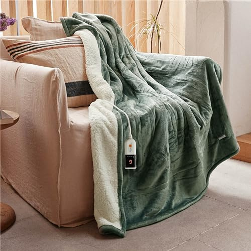 GOTCOZY Heated Blanket Electric Throw 130x160cm -Soft Silky Plush Heated Blanket with 9 Heat Settings & 10 Hours Auto-Off Timer For Home Office Use Machine Washable(Green)