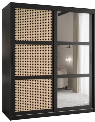 MEBLE KRYSPOL PLECIONKA WIEDEŃSKA 2 Zweitüriger Schrank mit Schiebetüren mit Spiegel, Stangen und Regalen - Aufbewahrungsschrank für Wohnzimmer - 200x150x62cm - Schwarz, Schwarz, Schwarz