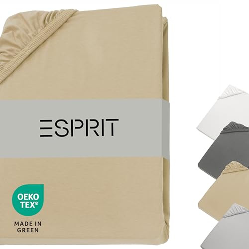 Esprit Spannbettlaken 90x200cm Baumwolle Jersey bis Bettlaken 120x200cm beige - Spannbetttuch 100x200 für Boxspringbett & Kinder in Hotelqualität & bis 30 cm hohe Matratzen - atmungsaktiv & ÖkoTex