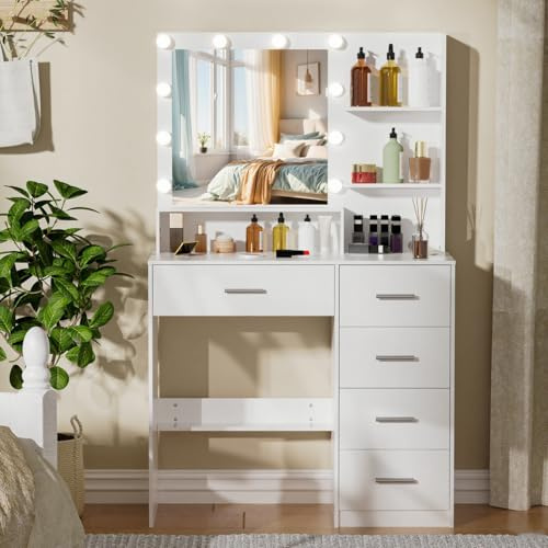Puselo Dressing Table with Mirror and Lights,Small Vanity with 10 Hollywood LED Lights,3 Color Lights and Brightness Adjustable,Vanity Desk with Mirror and 5 Drawers for Women Girl Bedroom