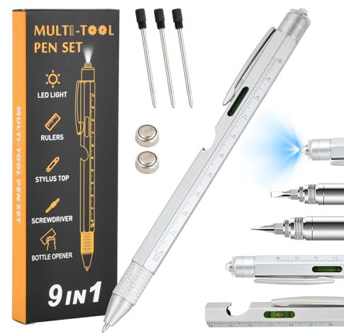 9 In 1 Multifunktions Kugelschreiber, Metall Druckkugelschreiber, Stift Geschenke für Männer, Taktischer Stift mit LED für Herren Vatertag Geschenk, Weihnachts (Silber)