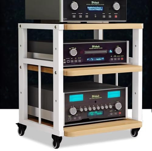 ZIUSFAC Audio-/Video-Regal Medienständer Mit Bremsrad Audio-Turm Audio-Rack Verstellbare Ständer CD-Player Stand Eck-Audioständer Für Stereoanlage(White+Walnut,3 Tier)