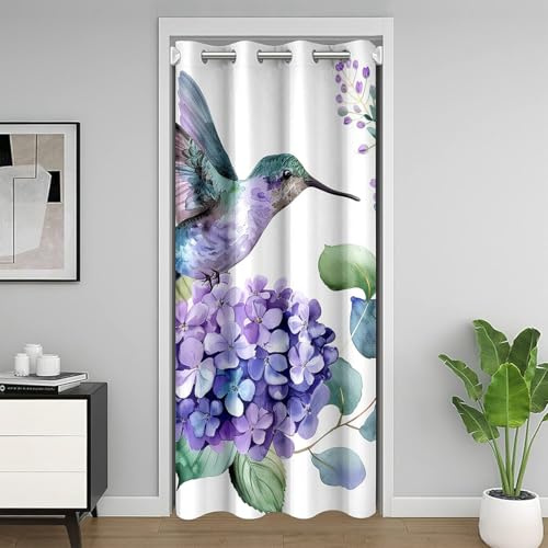 Fille Hortensia Violet Rideau de Porte 132x203,Colibri Sauvage Rideau Occultant,Jardin Printemps Rideau Porte Entrée,Fleurs Naturelles Rustiques Rideaux de Séparation de Chambre