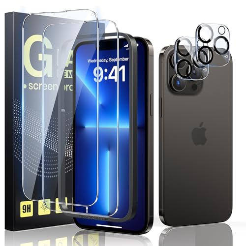 Guretok 2+2 Schutzfolie für iPhone 13 Pro mit Frame mit Kameraschutz Folie | Einfache Installation, Kamera Schutz, 9H Härte, HD Klar Panzerfolie, Anti-Bläschen, Kratzfest Glas Folie, für iPhone 13Pro