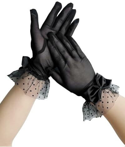 LOZTBUE Guanti da Donna in Pizzo Corti Neri Con Volant in Rete - Eleganti Accessori da Sposa per Tea Party, Matrimonio, Festa di Halloween