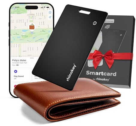 Rhinokey® Wallet Tracker Card for iOS – Slim 1.8mm Thin, Rechargeable Bluetooth Tracker, IP68 Waterproof, Apple Find My Compatible, Item Finder with Keyring Hole (1 Pack) | (iOS Only) Slim 0.07in Rechargeable IP68 Waterproof Tracker Item Finder Credit Card Tracker with Keychain Hole for Luggage