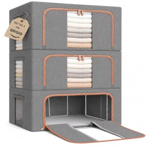 ZenCasa | 3 Scatole per Armadio Rigide con Cerniera da 24L, Set da 3 Contenitori per Armadio Salvaspazio, Organizer Armadio con Struttura in Metallo Pieghevole con Maniglie Rinforzate (24L, 3, unità)